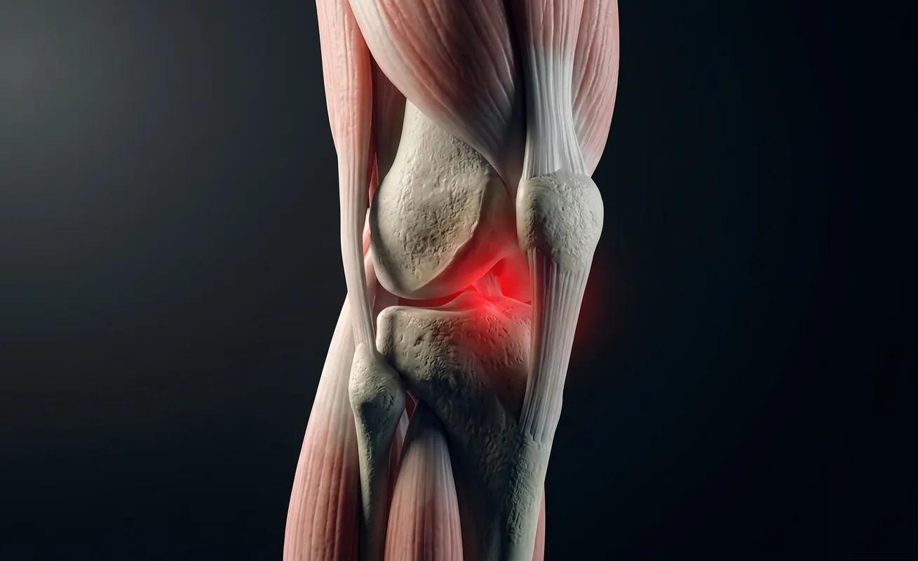 Coupe anatomique du genou montrant le point d'usure du cartilage
